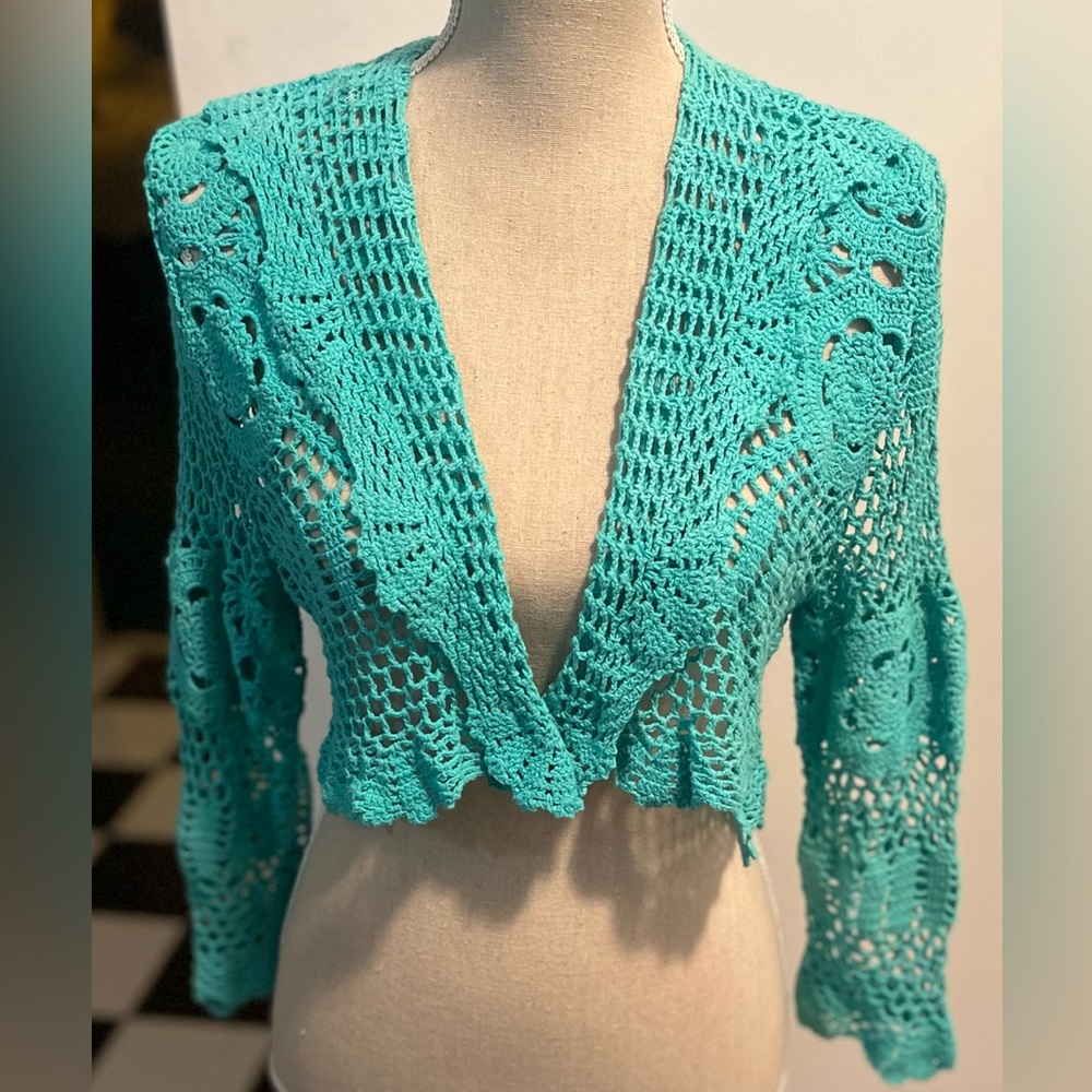 🆕 💕Beautiful Hand-crochet & Hand-dyed 100% Cotton Shrug in Teal - Picture 2 of 4